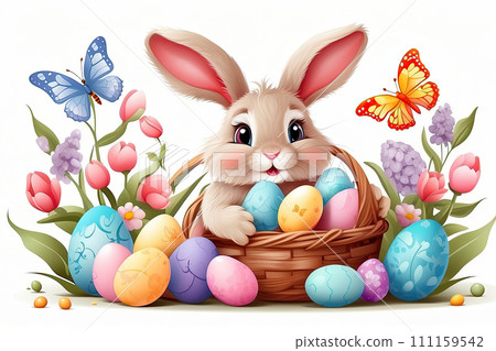 A cute Easter bunny with a basket of eggs and spring flowers is an illustration of a children character on a white background, a traditional holiday card. AI generated 111159542