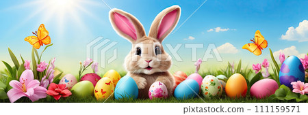 A cute Easter bunny with a basket of eggs and spring flowers is an illustration of a children character, a traditional holiday card. AI generated A cute Easter bunny with a basket of eggs and spring flowers is an illustration of a children character, a traditional holiday card. AI generated 111159571