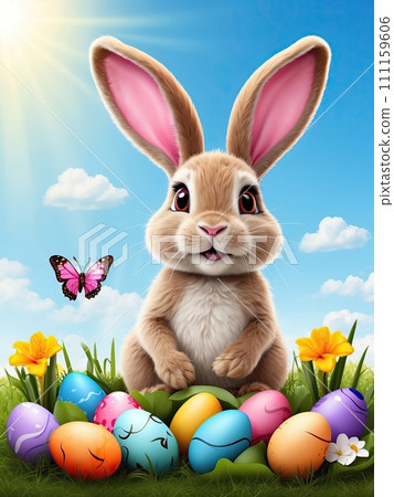 A cute Easter bunny with a basket of eggs and spring flowers is an illustration of a children character, a traditional holiday card. AI generated 111159606