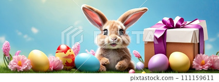 A cute Easter bunny with a basket of eggs and spring flowers is an illustration of a children character, a traditional holiday card. AI generated 111159611