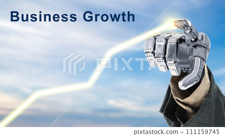Robotic hand showing an increasing graph with business growth text Robotic hand showing an increasing graph with business growth text 111159745