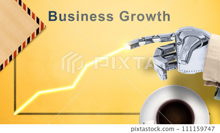 Robotic hand showing an increasing graph with business growth text Robotic hand showing an increasing graph with business growth text 111159747