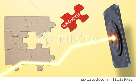 Piece of a jigsaw puzzle with growth text with graph arrow increase through a mobile phone screen Piece of a jigsaw puzzle with growth text with graph arrow increase through a mobile phone screen 111159752
