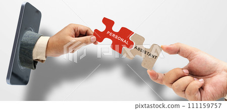 Two business hand holding pieces of a jigsaw puzzle with personal assistant text 111159757