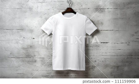 Blank white T-Shirt Mock-up hanging on gray wall. Generative AI 111159906