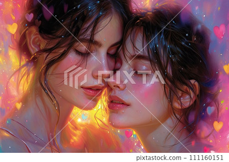 AI-generated content. Close-up tender moment between two women, foreheads touching intimately against vibrant backdrop sparkling hearts scene exudes romantic ethereal quality with soft focus on AI-generated content. Close-up tender moment between two women, foreheads touching intimately against vibrant backdrop sparkling hearts scene exudes romantic ethereal quality with soft focus on 111160151