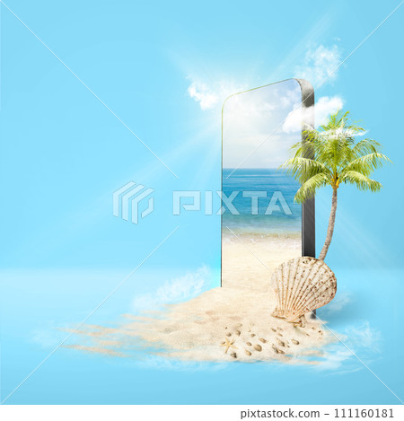 Beach with an ocean view and blue sky on the mobile phone screen Beach with an ocean view and blue sky on the mobile phone screen 111160181