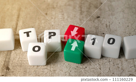 Small cubes with the text of the top 10 with up and down symbols Small cubes with the text of the top 10 with up and down symbols 111160229