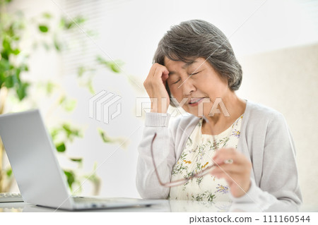 Senior woman wearing reading glasses and looking at a computer Senior woman wearing reading glasses and looking at a computer 111160544