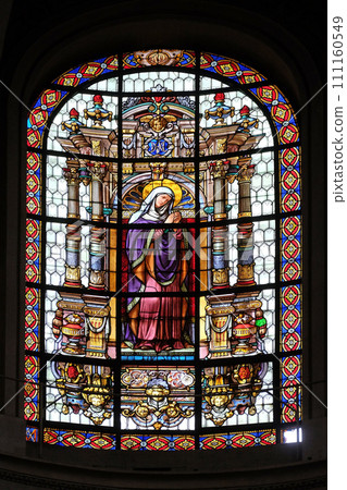 Virgin Mary, stained glass windows in the Saint Roch Church, Paris, France Virgin Mary, stained glass windows in the Saint Roch Church, Paris, France 111160549
