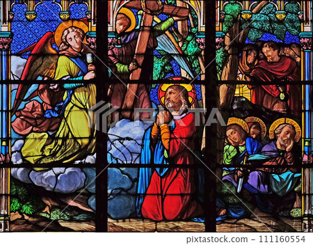 Jesus and his disciples on Mount of Olives, stained glass windows in the Saint Eugene - Saint Cecilia Church, Paris, France Jesus and his disciples on Mount of Olives, stained glass windows in the Saint Eugene - Saint Cecilia Church, Paris, France 111160554