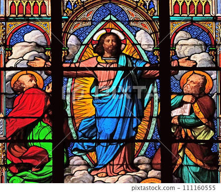 Transfiguration of Jesus, stained glass windows in the Saint Eugene - Saint Cecilia Church, Paris, France 111160555