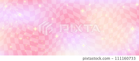 Checkerboard wavy pattern. Retro warp chessboard with gradient texture. Y2k abstract background with stars and sparkles. Vector pink distort wallpaper 111160733