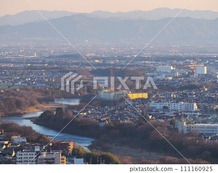 The Tone River and mountain ranges from downtown Maebashi 111160925