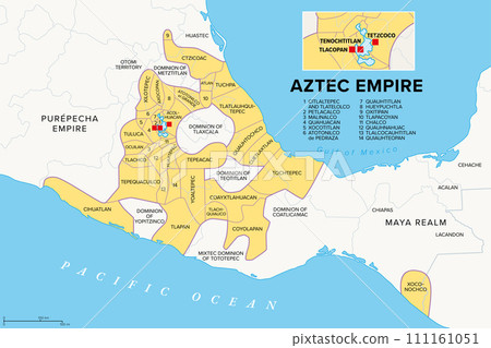 Aztec Empire with tributary provinces, history map. Maximal extent of Triple Alliance Tenochtitlan, Tetzcoco and Tlacopan at the time of Spanish conquest, 1519. With today state and country borders. 111161051