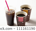 Hot coffee in paper cup and iced coffee in plastic cup 01 111161190