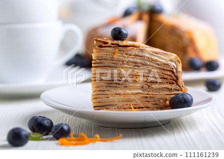 Piece of crepes cake. Close up. Piece of crepes cake. Close up. 111161239