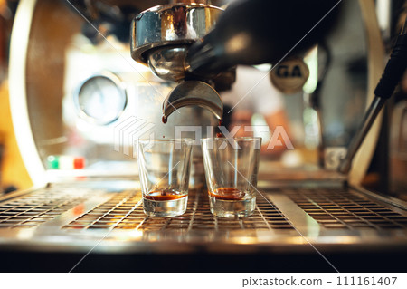 Coffee shot,Coffee machine pouring out espresso shot 111161407