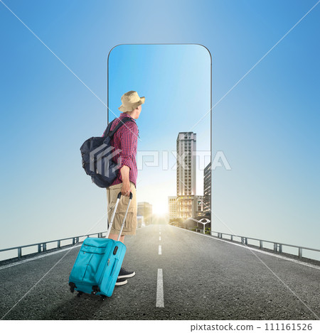 Asian man in a hat with a backpack carrying a suitcase walking on the street with a city view on the mobile phone screen 111161526