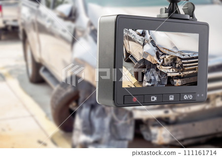 Car CCTV camera video recorder with car crash accident on the road 111161714