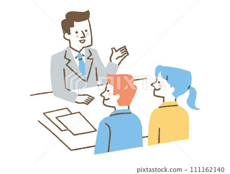 Two college students listening to an explanation from a man wearing a suit_color 111162140