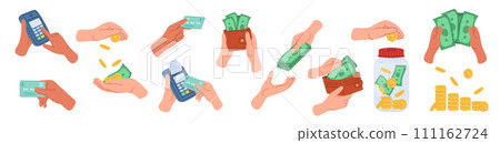Big financial set. Arms with paper bills, coins, bank cards, payment terminal. Spending, paying, giving money. Financial concept hand drawn illustration isolated on white background. 111162724