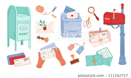 Set of mail items. Sealing wax, postal envelopes and cards. Different postboxes. Delivery, message, communication concept. Isolated vector illustration. 111162727