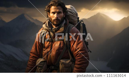 Resilient male hiker facing sunset in mountain range. adventure and exploration theme. AI 111163014