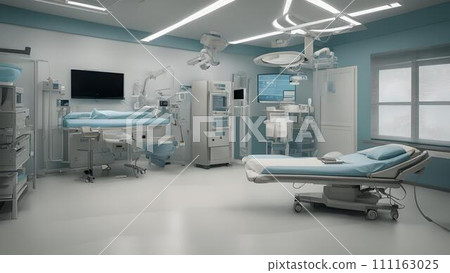 Modern empty hospital room equipped with medical technology. sterile medical environment with monitors. AI Modern empty hospital room equipped with medical technology. sterile medical environment with monitors. AI 111163025