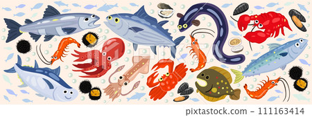 Vector cute set of marine animals. Salmon, bonito, freshwater eel, tuna, octopus, mackerel, squid, flounder, shrimps, crab, lobster. 111163414
