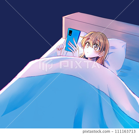 女人在床上看智慧型手機，負面形象 111163713