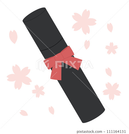 Illustration of a diploma tube with fluttering cherry blossom petals 111164131
