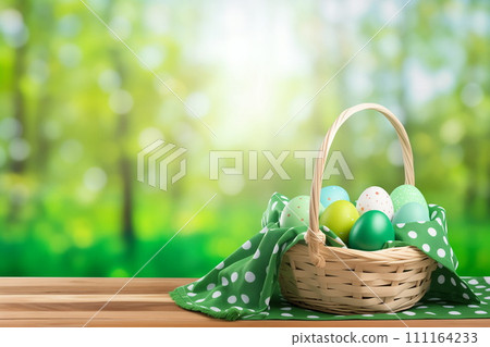 Easter eggs painted green color in wicker basket at wooden table in spring garden, AI Generative 111164233