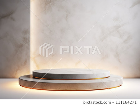 abstract modern minimal background with cobblestones on the wet floor. Trendy showcase with golden round frame and empty platform for product displaying abstract modern minimal background with cobblestones on the wet floor. Trendy showcase with golden round frame and empty platform for product displaying 111164271