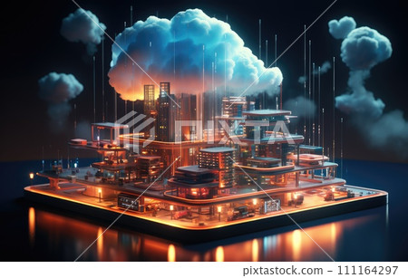 Cloud computing concept. Smart city wireless internet communication with cloud storage, cloud services. Download, upload data on server. Cloud computing concept. Smart city wireless internet communication with cloud storage, cloud services. Download, upload data on server. 111164297