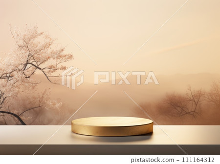 Realistic 3D render blank empty pastel pink podium with cherry blossom flower bouquet and blowing white curtain. Beauty products display, Backdrop 111164312