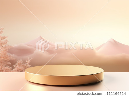 Realistic 3D render blank empty pastel pink podium with cherry blossom flower bouquet and blowing white curtain. Beauty products display, Backdrop 111164314