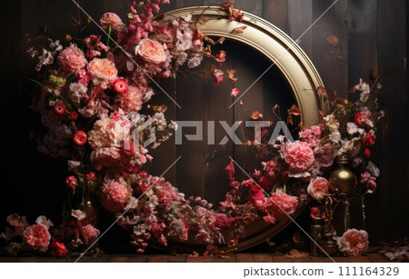 floral hoop digital backdrops. shoot set up with prop Flower and wood backdrop floral hoop digital backdrops. shoot set up with prop Flower and wood backdrop 111164329