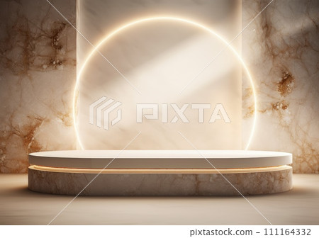abstract modern minimal background with cobblestones on the wet floor. Trendy showcase with golden round frame and empty platform for product displaying abstract modern minimal background with cobblestones on the wet floor. Trendy showcase with golden round frame and empty platform for product displaying 111164332