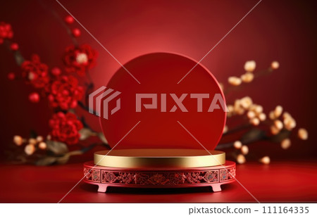 Red luxury background with product display podium element with 3d realistic chinese new year ornament 111164335