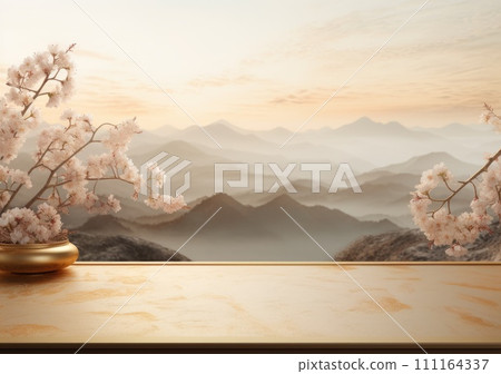 Realistic 3D render blank empty pastel pink podium with cherry blossom flower bouquet and blowing white curtain. Beauty products display, Backdrop Realistic 3D render blank empty pastel pink podium with cherry blossom flower bouquet and blowing white curtain. Beauty products display, Backdrop 111164337