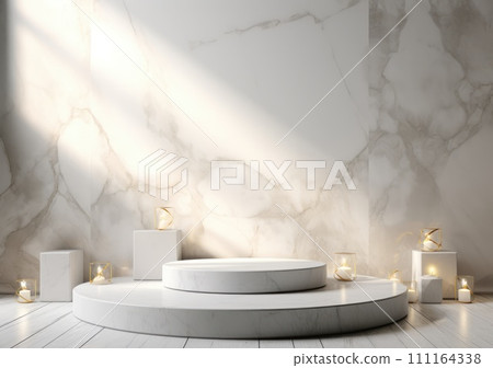 abstract modern minimal background with cobblestones on the wet floor. Trendy showcase with golden round frame and empty platform for product displaying abstract modern minimal background with cobblestones on the wet floor. Trendy showcase with golden round frame and empty platform for product displaying 111164338