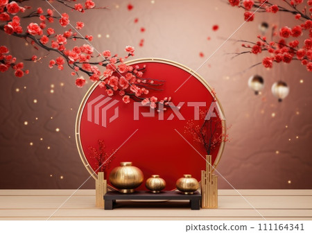 Lunar year background design with ingots and cherry flowers as the decoration, Podium stage chinese style for chinese new year and festivals or mid autumn festival. Lunar year background design with ingots and cherry flowers as the decoration, Podium stage chinese style for chinese new year and festivals or mid autumn festival. 111164341