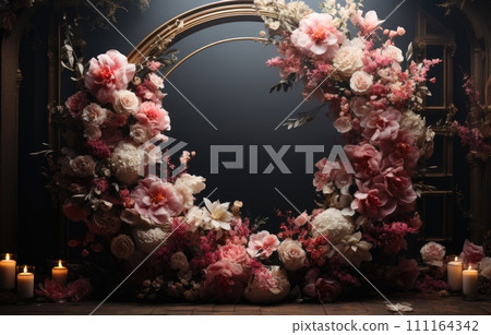 floral hoop digital backdrops. shoot set up with prop Flower and wood backdrop floral hoop digital backdrops. shoot set up with prop Flower and wood backdrop 111164342