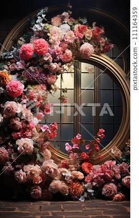 floral hoop digital backdrops. shoot set up with prop Flower and wood backdrop. Flower on hanging round 111164359