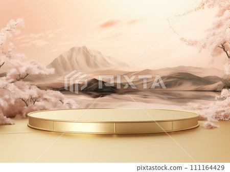 Realistic 3D render blank empty pastel pink podium with cherry blossom flower bouquet and blowing white curtain. Beauty products display, Backdrop Realistic 3D render blank empty pastel pink podium with cherry blossom flower bouquet and blowing white curtain. Beauty products display, Backdrop 111164429
