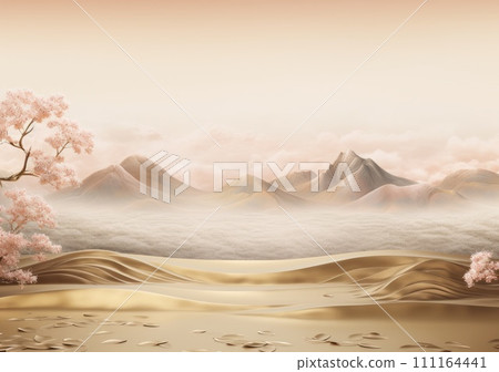 Realistic 3D render blank empty pastel pink podium with cherry blossom flower bouquet and blowing white curtain. Beauty products display, Backdrop 111164441