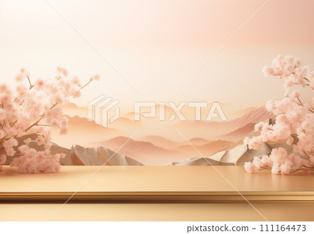 Realistic 3D render blank empty pastel pink podium with cherry blossom flower bouquet and blowing white curtain. Beauty products display, Backdrop 111164473