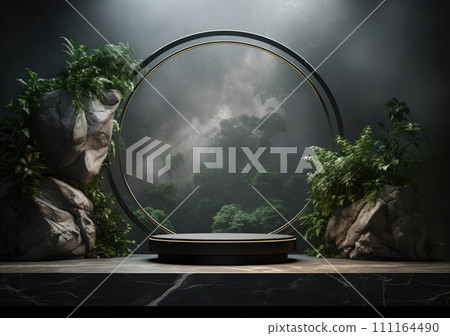 Dark podium, showcase for advertising products and goods. Display with natural stones and green tropical branches. Background for natural cosmetics and branding Dark podium, showcase for advertising products and goods. Display with natural stones and green tropical branches. Background for natural cosmetics and branding 111164490