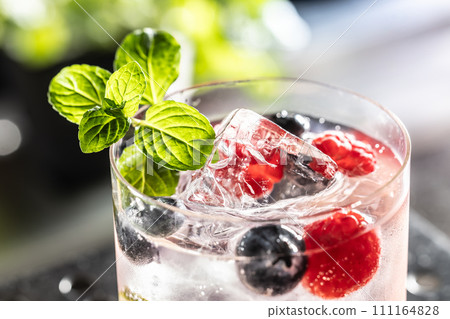 Pink cocktail Gin Tonic drink with raspberries, blueberries, lime and fresh mint Pink cocktail Gin Tonic drink with raspberries, blueberries, lime and fresh mint 111164828